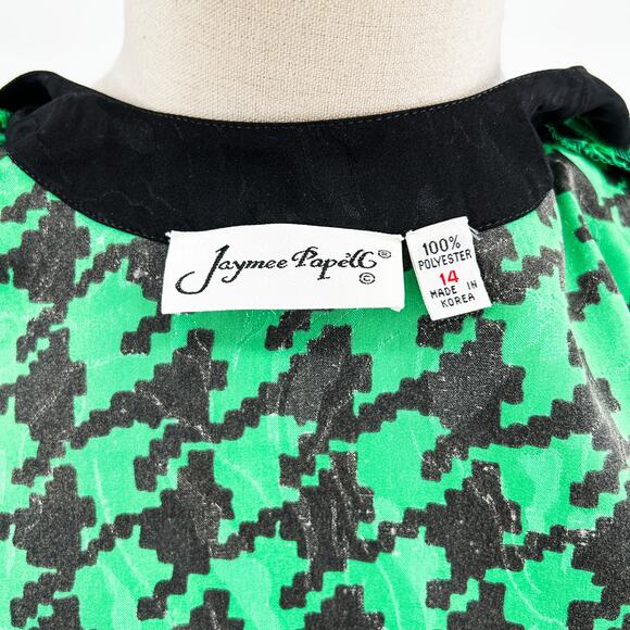 90s Jaymee Papell Black Green Satin Houndstooth Jacket Blazer - Picture 6 of 6